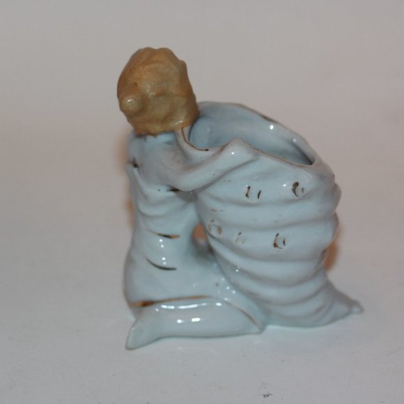 Vintage Porcelain Lady Holding Seashell Vase Small Pen Toothpick Holder - Picture 2 of 4